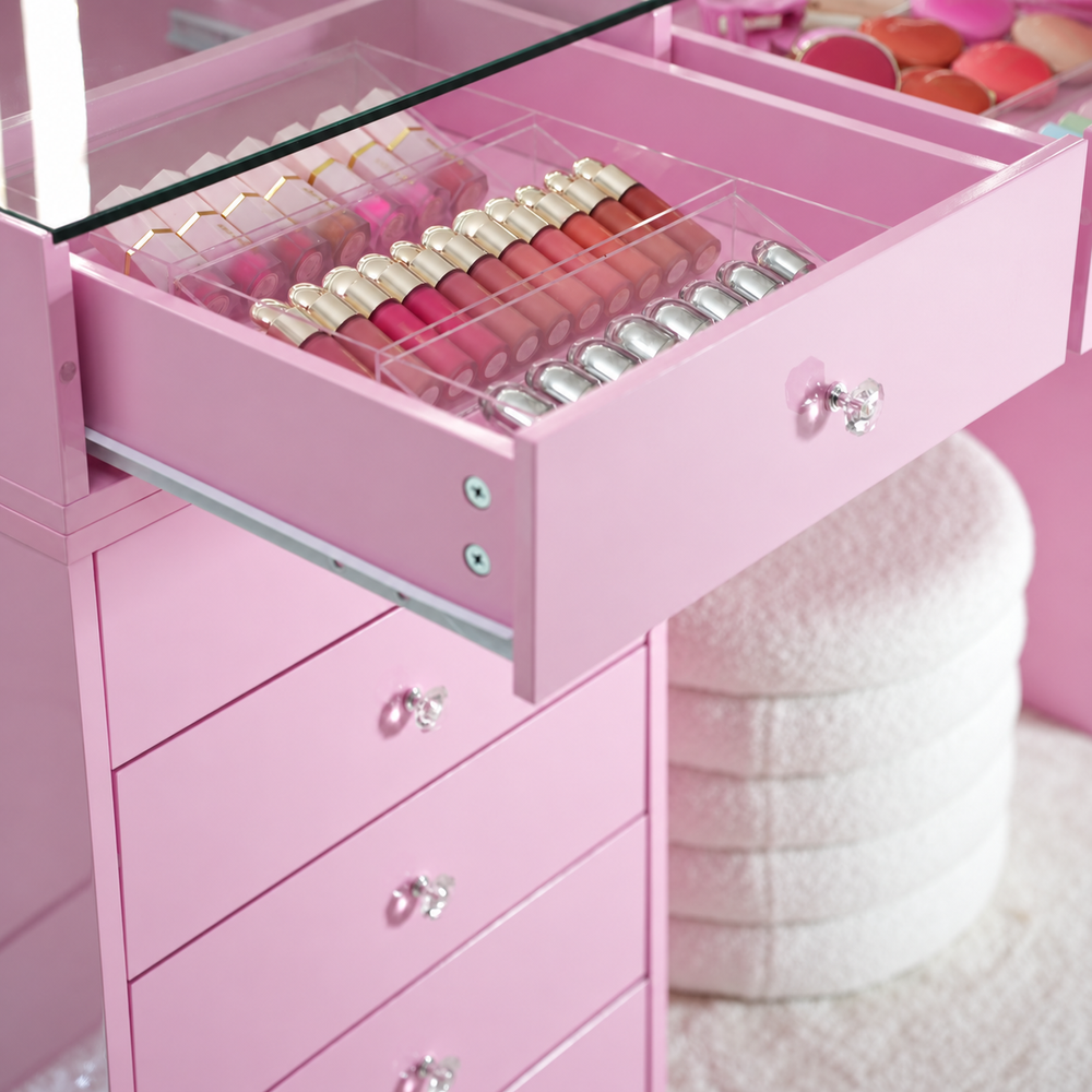 Coiffeuse rose avec 4 tiroirs, dont 2 à plateau vitré