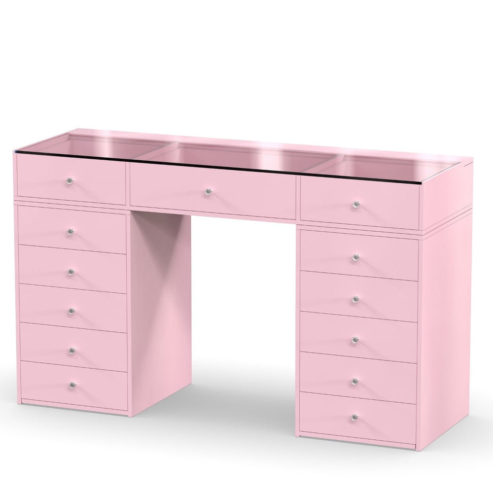 Coiffeuse rose avec 4 tiroirs, dont 2 à plateau vitré