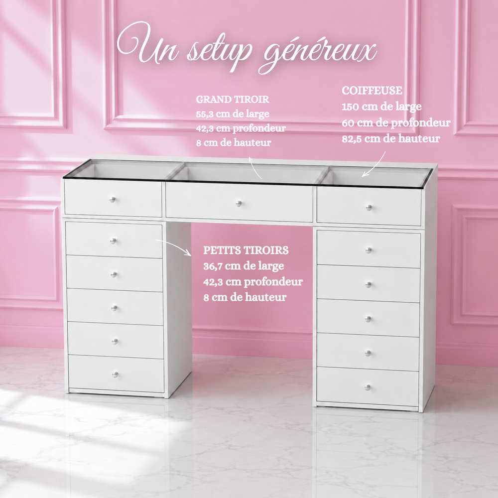Grande coiffeuse 150 cm avec tiroirs et vitrines