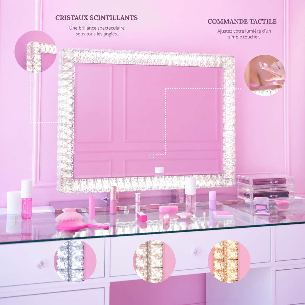 Miroir de coiffeuse LED à cristaux 78 × 60 cm