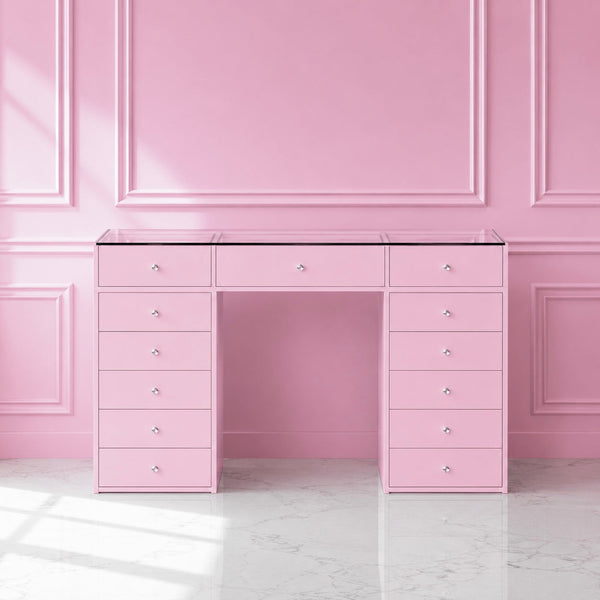 Coiffeuse rose avec 4 tiroirs, dont 2 à plateau vitré