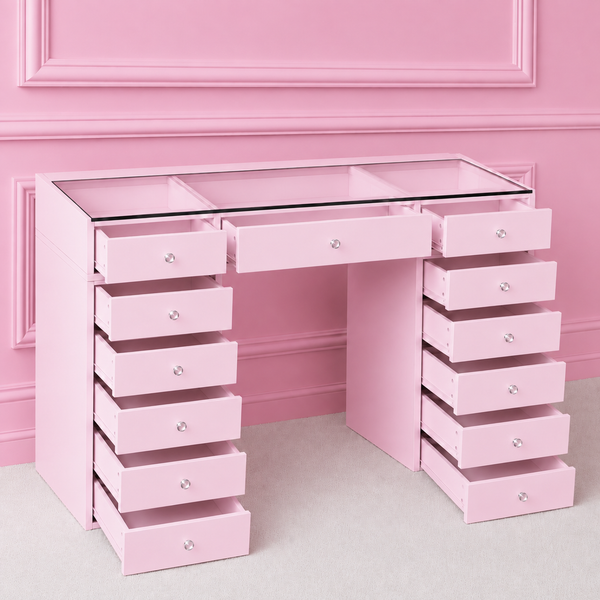 Coiffeuse rose avec 4 tiroirs, dont 2 à plateau vitré