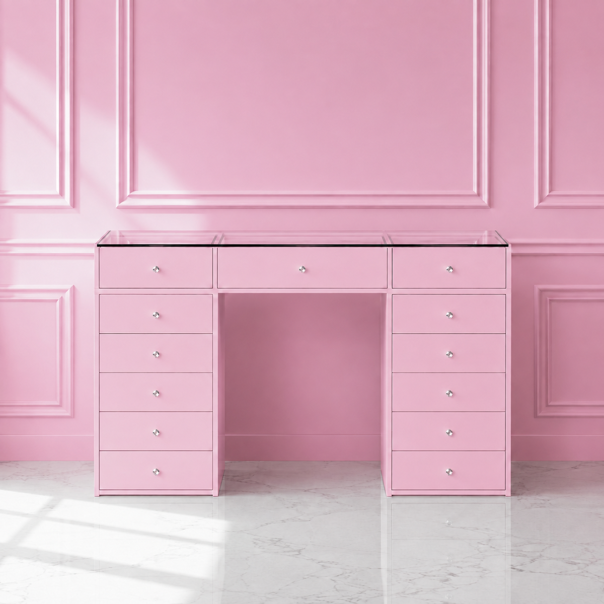 Coiffeuse rose avec 4 tiroirs, dont 2 à plateau vitré