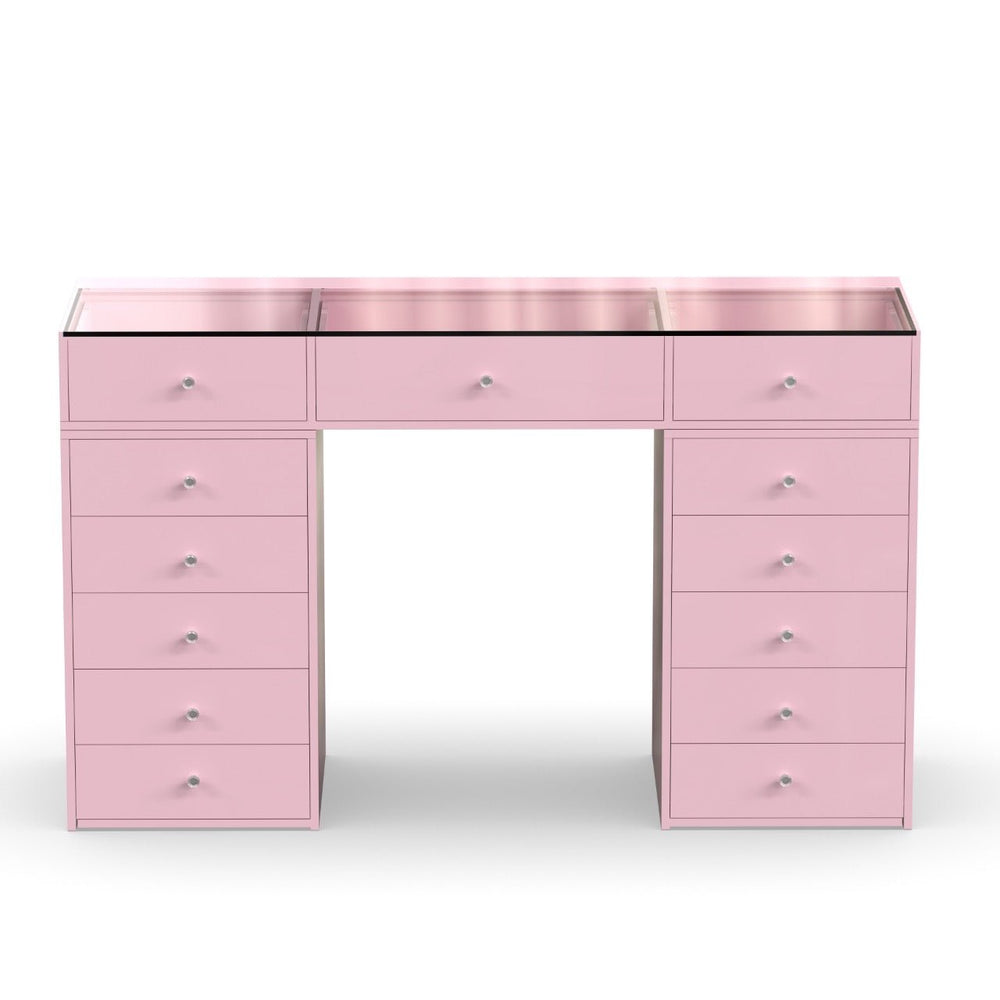 Coiffeuse rose avec 4 tiroirs, dont 2 à plateau vitré